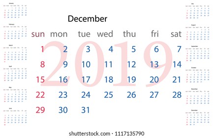 calendar sheet December 2019