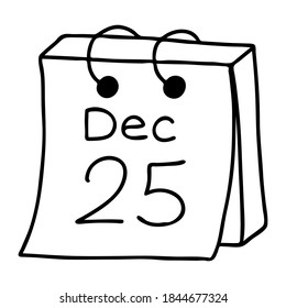 Calendar sheet from December 25 in Doodle style. The sketch is hand-drawn and isolated on a white background. Element of new year and Christmas design. Outline drawing.Black-white vector illustration