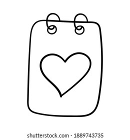 Calendar sheet with heart. Decorative element for Valentine's Day. A simple single outline design object is drawn by hand and isolated on a white background. Black and white vector illustration