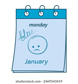 Calendar sheet with inscription monday January and hand drawn lettering blue and sad smiley face