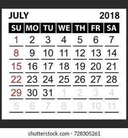 calendar sheet July 2018,  simple style. Week starts from sunday of the red color, vector easy to edit