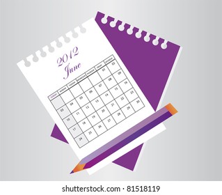 Calendar Sheet June 2012 - purple with pencil, vector illustration