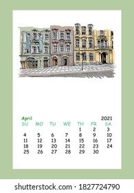 Diseño de la hoja del calendario mes de abril de 2021 año. Praga. Checo. Esbozo de ciudad dibujado a mano. Ilustración vectorial.