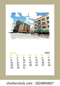 Calendar sheet layout August month 2021 year. San Francisco. USA. Hand drawn street sketch, vector illustration