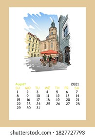 Calendar sheet layout August month 2021 year. Prague. Czech. Hand drawn city sketch. Vector illustration.