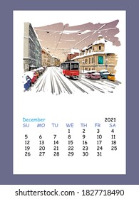 Calendar sheet layout December month 2021 year. Prague. Czech. Hand drawn city sketch. Vector illustration.