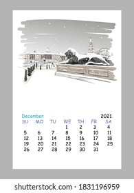 Diseño de la hoja del calendario Diciembre mes 2021 año. Londres. 
Inglaterra. Esbozo de ciudad dibujado a mano. Ilustración vectorial.