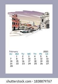 Calendar sheet layout February month 2021 year. Italy. Hand drawn city sketch. Vector illustration.