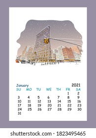 Calendar sheet layout January month 2021 year. Times square. New York. USA. Hand drawn city sketch. Vector illustration.