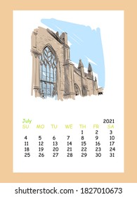 Calendar sheet layout July month 2021 year. Edinburgh. Scotland. Hand drawn city sketch. Vector illustration.