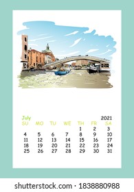 Diseño de la hoja del calendario mes de julio de 2021 año. Venecia. Italia. Esbozo de ciudad dibujado a mano. Ilustración vectorial.