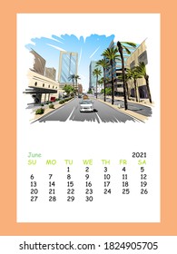 Calendar sheet layout June month 2021 year. Phoenix. Arizona. USA. . Hand drawn city sketch. Vector illustration