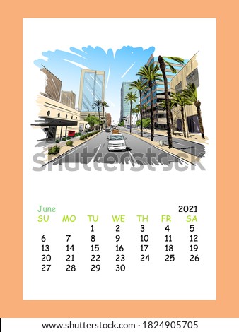 Calendar sheet layout June month 2021 year. Phoenix. Arizona. USA. . Hand drawn city sketch. Vector illustration
