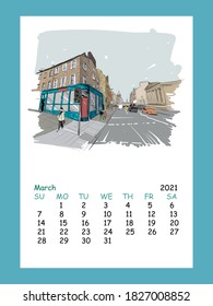 Calendar sheet layout March month 2021 year. Edinburgh. Scotland. Hand drawn city sketch. Vector illustration.