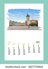 Diseño de la hoja del calendario Mes de marzo de 2021 año. Praga. Checo. Esbozo de ciudad dibujado a mano. Ilustración vectorial.