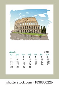 Calendar sheet layout March month 2021 year. Coliseum. Rome. Italy. Hand drawn city sketch. Vector illustration.