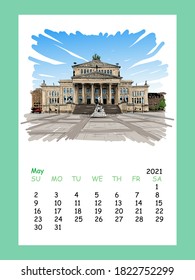 Calendar sheet layout May month 2021 year. Germany. Konzerthaus Berlin. Old building hand drawn sketch. Unusual perspective. City vector illustration