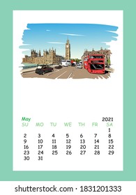 Calendar sheet layout May month 2021 year. London. 
England. Hand drawn city sketch. Vector illustration.