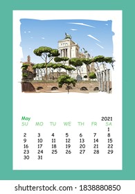Calendar sheet layout May month 2021 year. Capitol Rome. Rome. Italy. Hand drawn city sketch. Vector illustration.
