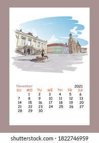 Calendar sheet layout November month 2021 year Church of Frauenkirche. Academy of Fine Arts. Palace of Culture. Dresden. Germany. Hand drawn sketch. Urban sketch. Vector illustration. 