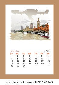 Calendar sheet layout November month 2021 year. Big Ben. London. 
England. Hand drawn city sketch. Vector illustration.