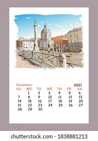 Calendar sheet layout November month 2021 year. The Trajan's Column. Roman forum. Rome. Italy. Hand drawn city sketch. Vector illustration.