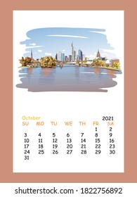 Diseño de la hoja del calendario Mes de octubre de 2021 año.Fráncfort del Meno. Alemania. Esbozo dibujado a mano. Ilustración vectorial. 