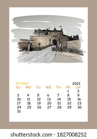 Calendar sheet layout October month 2021 year. Edinburgh castle. Scotland. Hand drawn city sketch. Vector illustration.