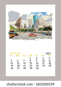 Calendar sheet layout September month 2021 year. Houston. Texas. USA. Hand drawn.Unusual Street sketch, vector illustration