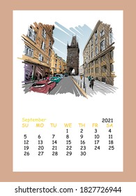 Calendar sheet layout September month 2021 year. Prague. Czech. Hand drawn city sketch. Vector illustration.