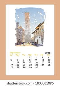 Calendar sheet layout September month 2021 year. Giotto's bell tower in Florence. Italy. Hand drawn city sketch. Vector illustration.