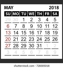 calendar sheet May 2018,  simple style. Week starts from sunday of the red color, vector easy to edit