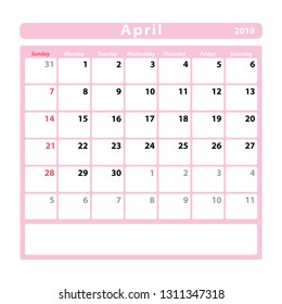 Calendar sheet for the month of April 2019, space for text notes, pink colour. Vector illustration.