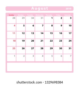 Calendar sheet for the month of August 2019, space for text notes, pink colour. Vector illustration.