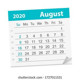 Calendar sheet for the month of August 2020. Vector Illustration. The week starts on Sunday