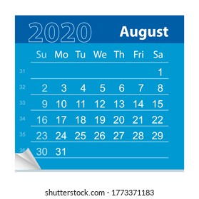 Calendar sheet for the month of August 2020. Vector Illustration. The week starts on Sunday