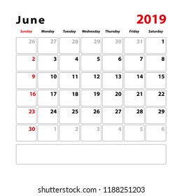 Calendar sheet for the month of June 2019, space for text notes. Vector illustration.
