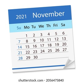 Calendar sheet for the month of November 2021. Vector Illustration. The week starts on Sunday