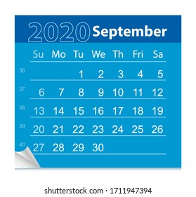 Calendar sheet for the month of September 2020. Vector Illustration. The week starts on Sunday