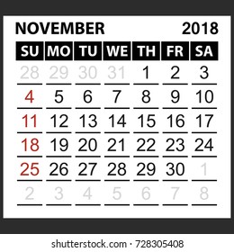 calendar sheet November 2018,  simple style. Week starts from sunday of the red color, vector easy to edit