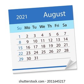 Kalenderblatt zum Monat August 2021. Vektorgrafik. Die Woche beginnt am Sonntag. in englischer Sprache.