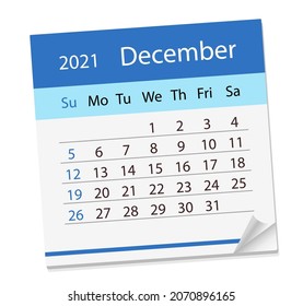 Calendar sheet on month of December 2021. Vector Illustration. The week starts on Sunday. in English language.