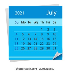 Calendar sheet on month of July 2021. Vector Illustration. The week starts on Sunday. in English language.