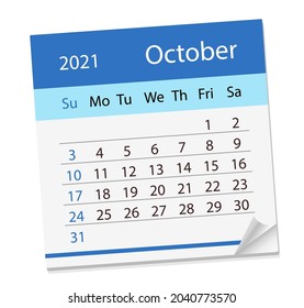 Calendario del mes de octubre de 2021. Ilustración vectorial. La semana empieza el domingo. en inglés.
