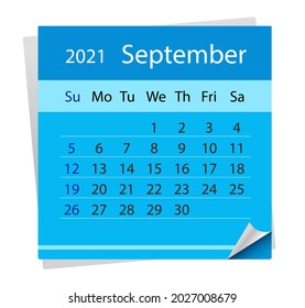 Calendar sheet on month of September 2021. Vector Illustration. The week starts on Sunday. in English language.