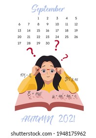 Calendar Sheet For September 2021. A Student With Glasses Over A Book Studies Mathematics. Flat Illustration In Vector.