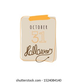 Calendar sheet. With shutter for Halloween. October. Beige and orange illustration on white background. Hand draw decorative lettering "Halloween".