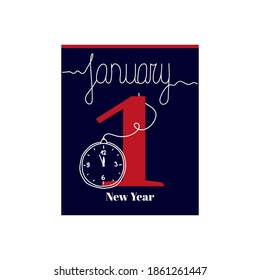 Calendar sheet. With shutter for New Year Day. January 1. Illustration on white background with a clock.