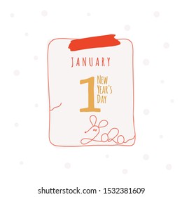 Calendar sheet. With shutter for New Year's Day. January 1. Beige and red illustration on white background with a stylized mouse.