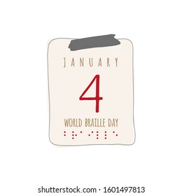 Calendar sheet, vector illustration on the theme of World Braille Day on January 4th.